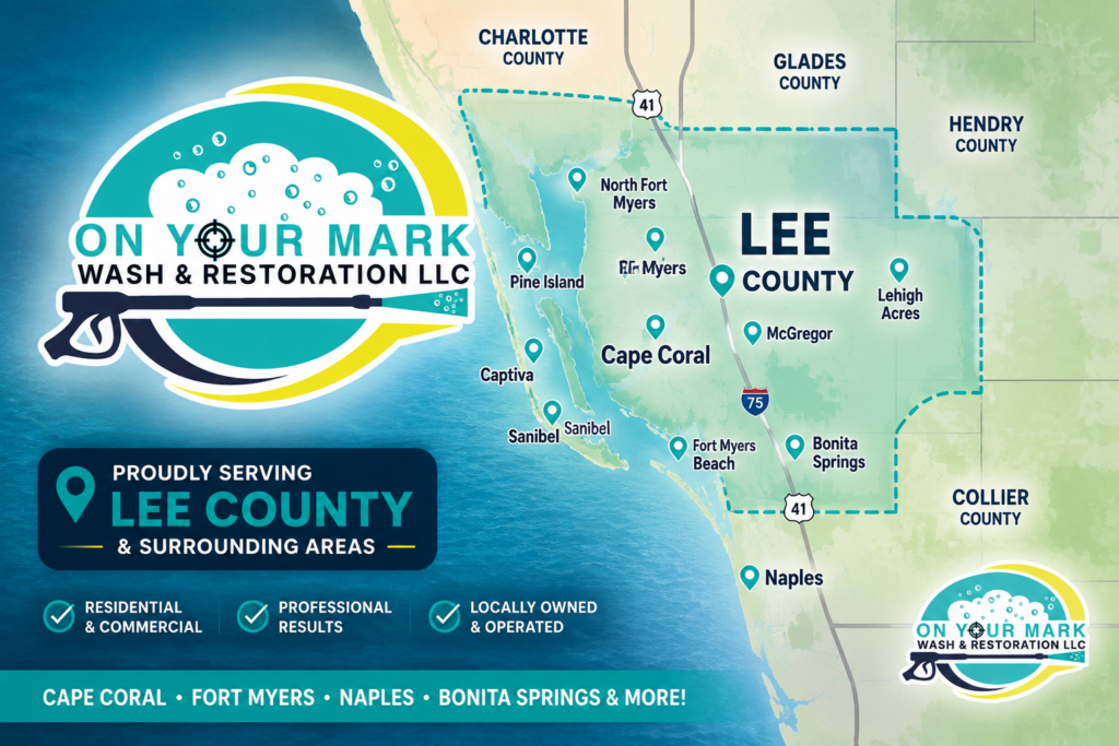 On Your Mark Wash & Restoration LLC service area map showing Cape Coral and Southwest Florida