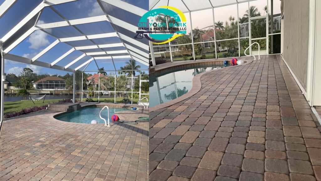 Paver pool deck cleaning inside a screened lanai