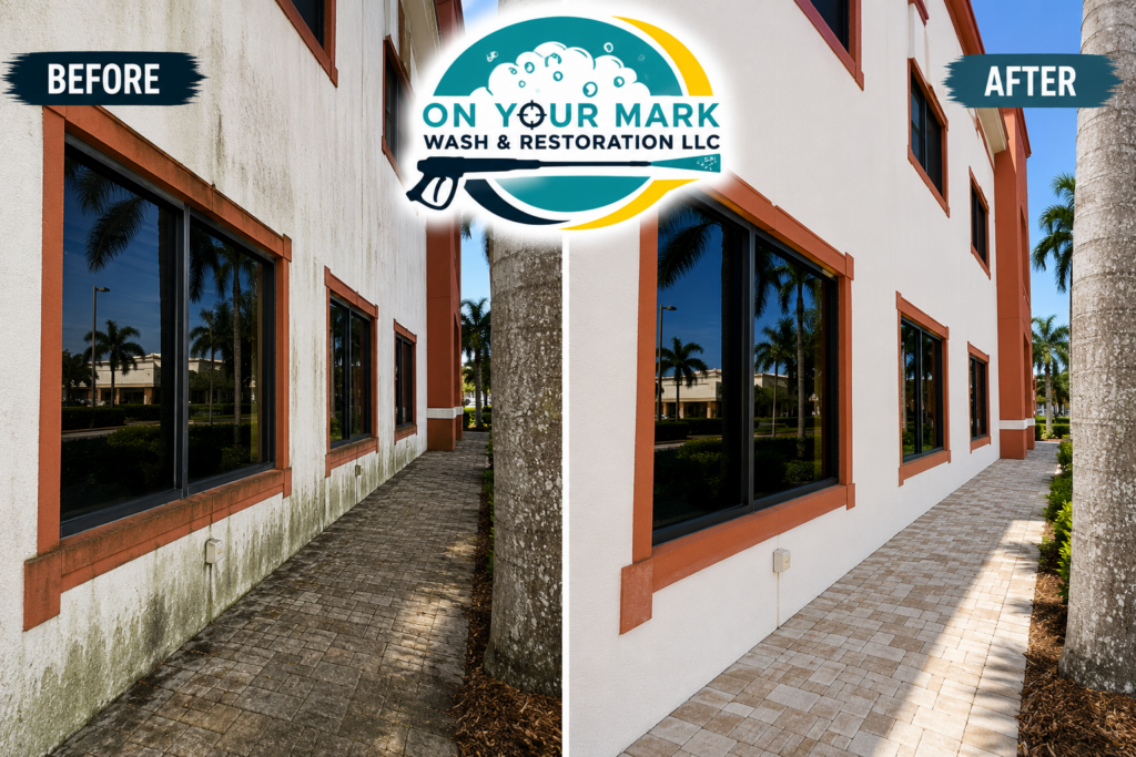 Commercial building exterior cleaning before and after