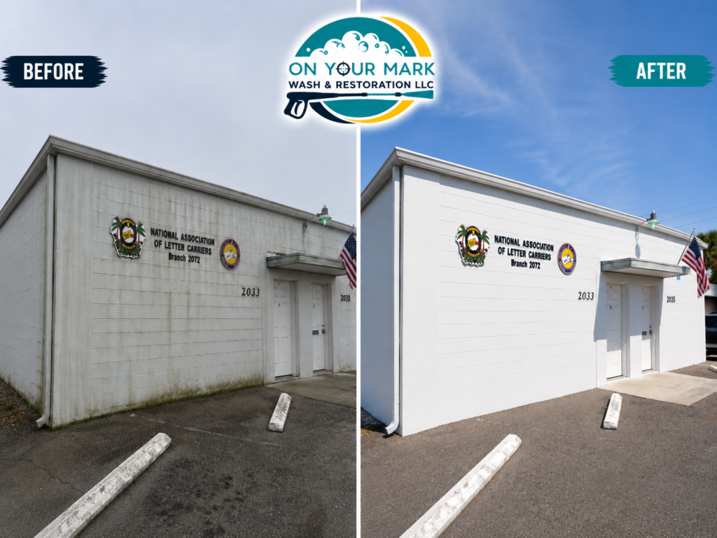 Commercial building washing before and after in Southwest Florida