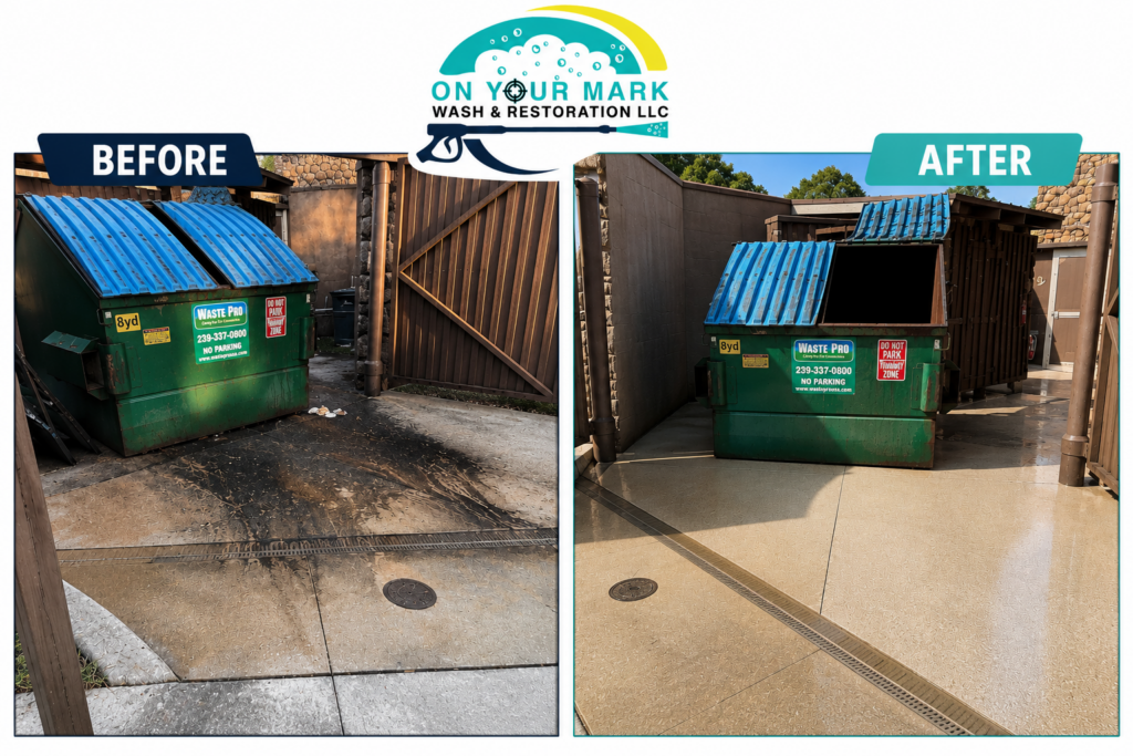 Commercial dumpster pad cleaning before and after